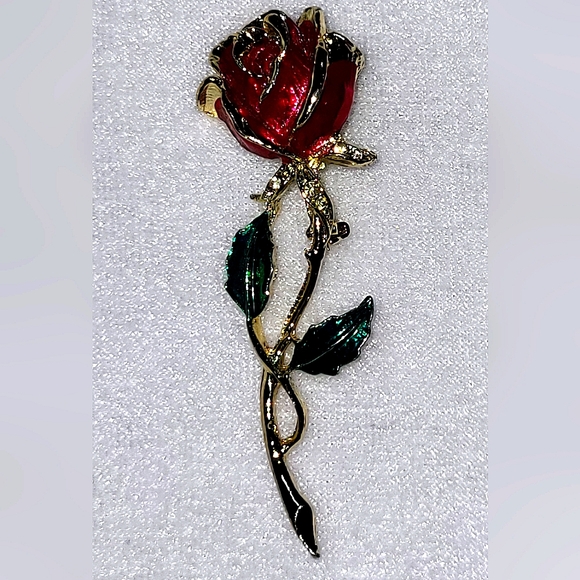 Source Unknown Jewelry - Vintage Enamel Red Rose Rhinestone Gold Tone Flower Brooch / Pin